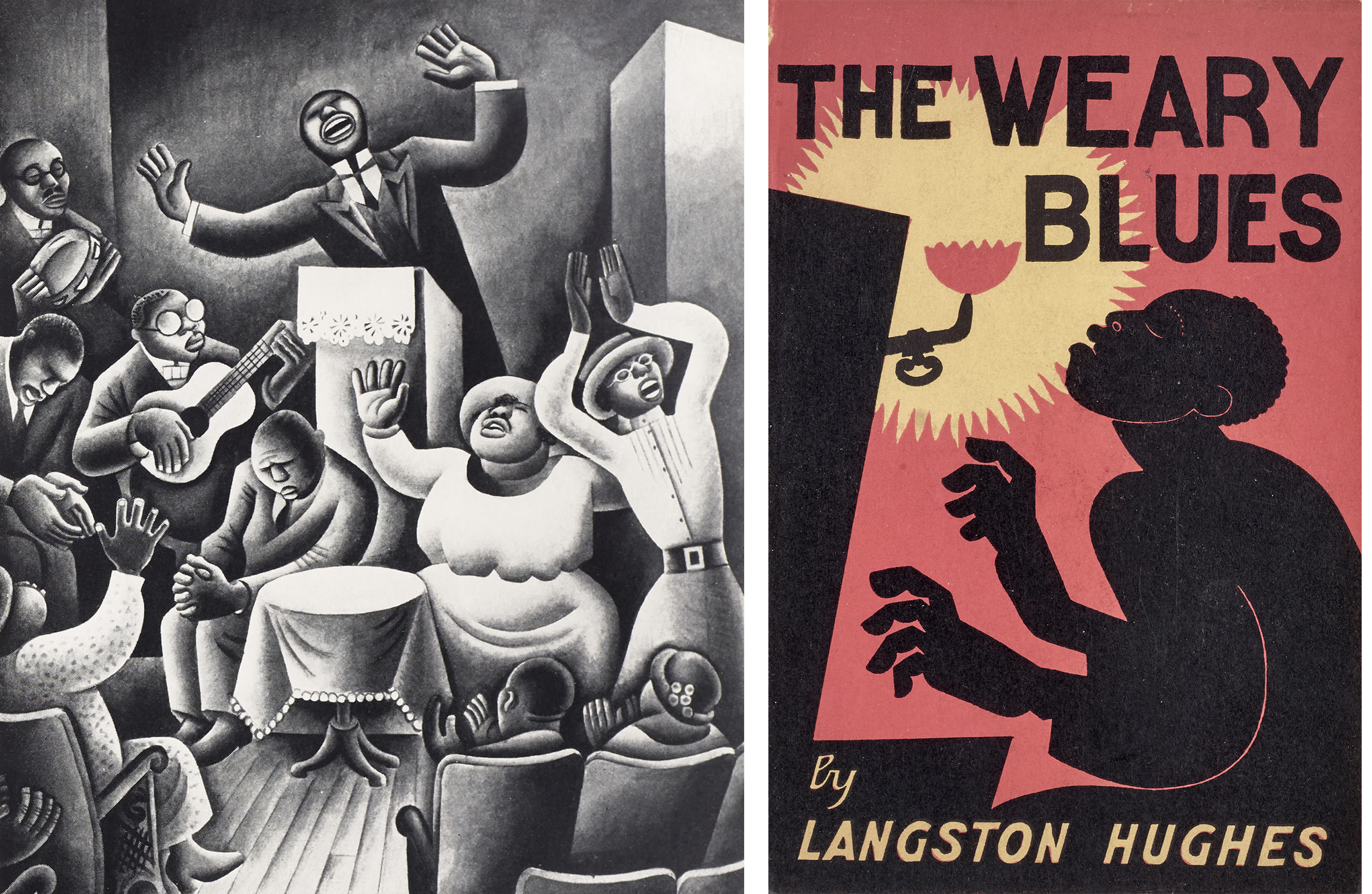 Left: Miguel Covarrubias, Negro Drawing, 1927. Right: Cover of The Weary Blues (1926) by Langston Hughes and Miguel Covarrubias. Both images courtesy of the Wolfsonian – Florida International University.