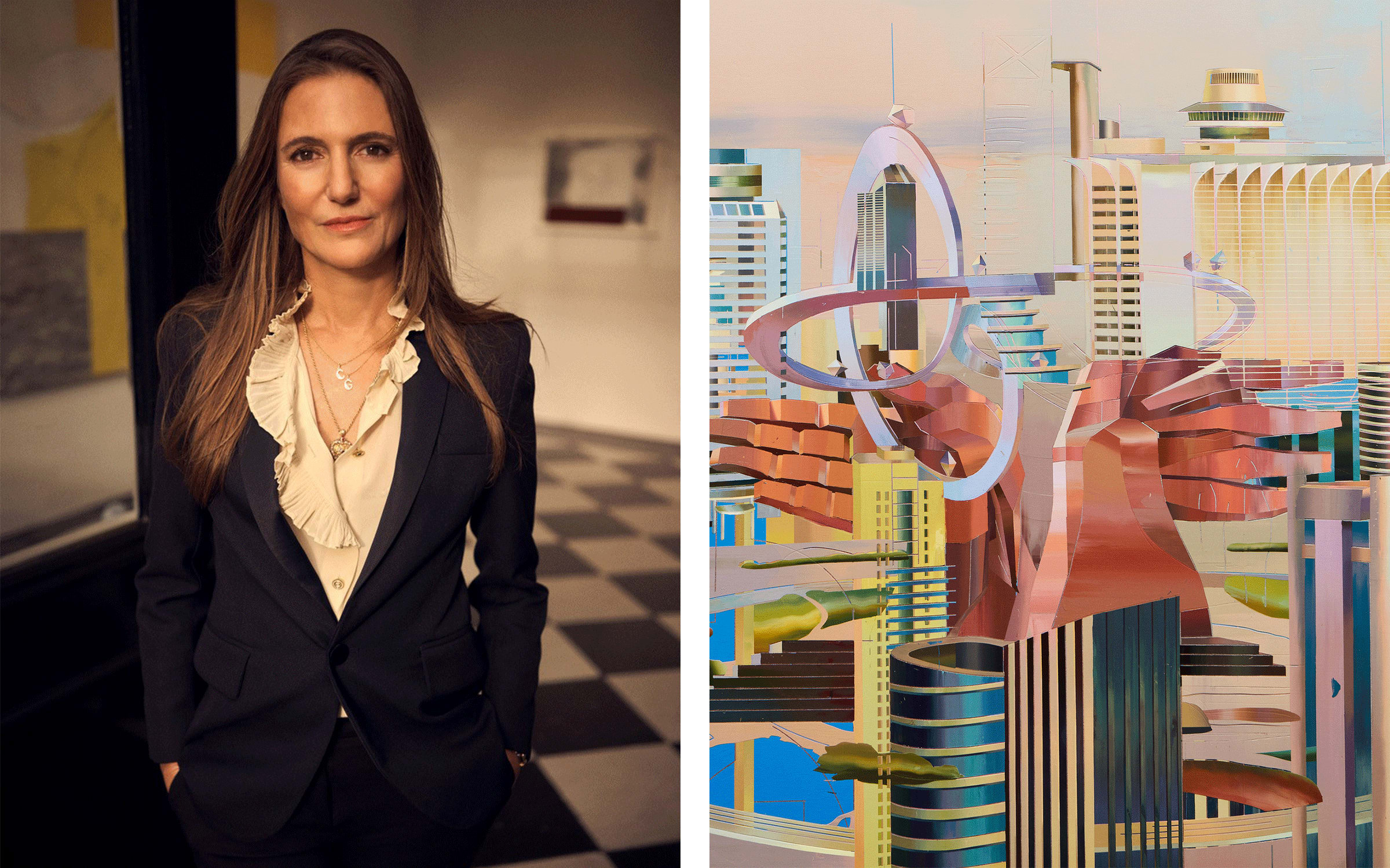 Left: Pilar Corrias. Courtesy of Pilar Corrias, photograph by Charlie Gray. Right: Artwork detail by Cui Jie presented by Pilar Corrias in the Unlimited sector at Art Basel in Basel 2022.