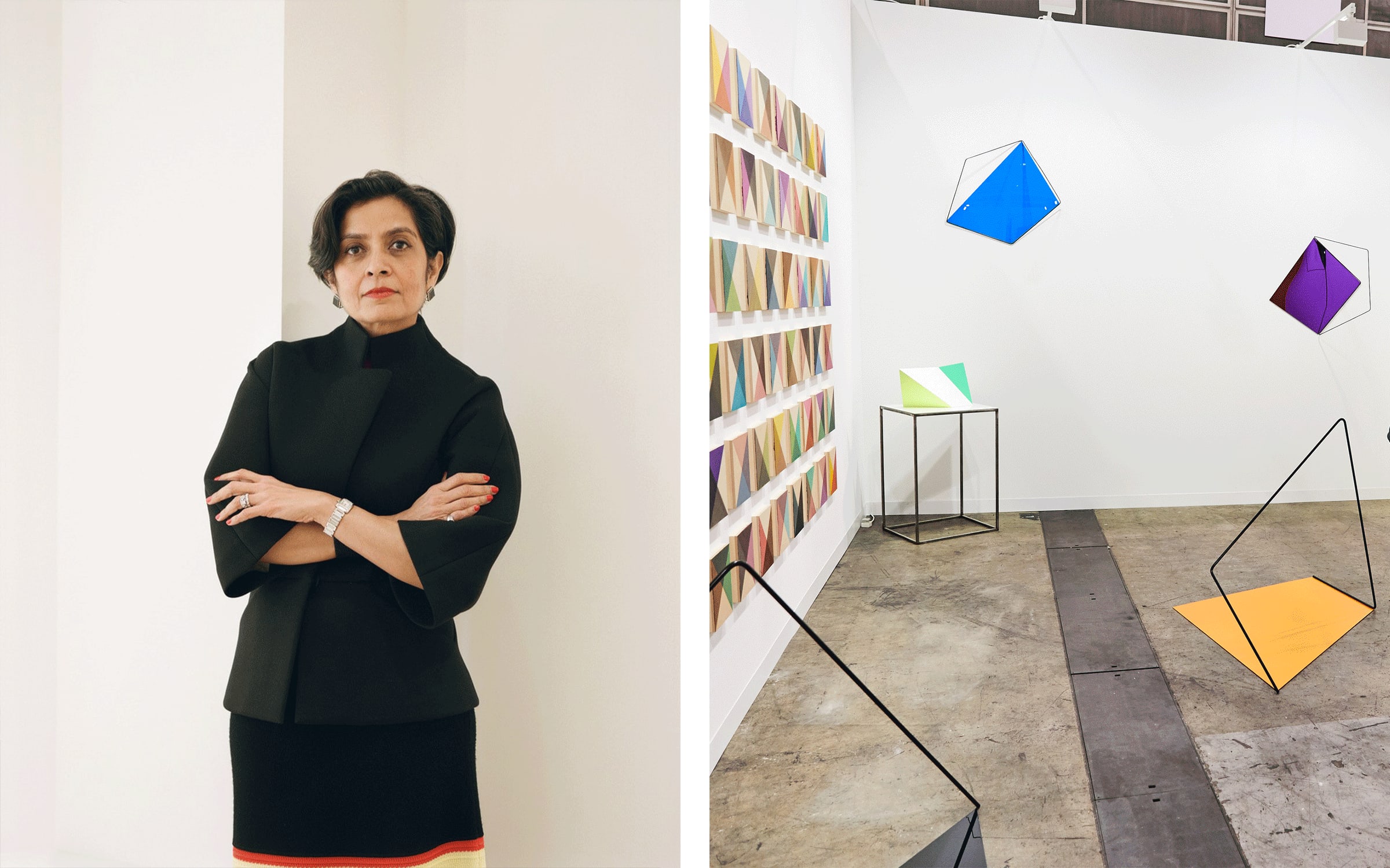 Left: Amrita Jhaveri. Photograph by Matthew Cole. Right: Installation view of artworks by Rana Begum presented by Jhaveri Contemporary in the Discoveries sector at Art Basel Hong Kong 2017.
