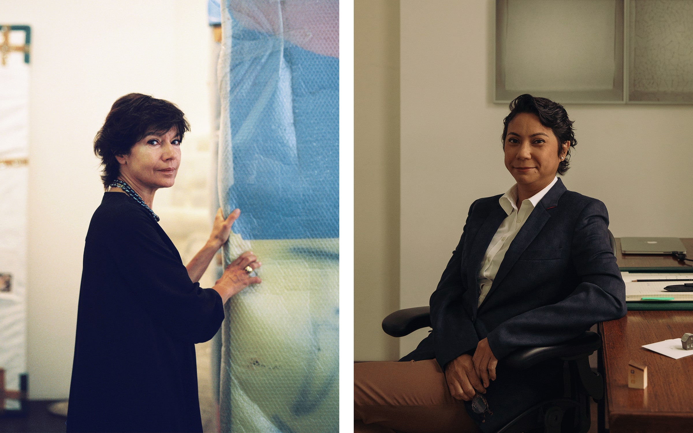 Left: Nathalie Obadia, 2022. Photograph by Aliki Christoforou for Art Basel. Right: Isa Lorenzo. Courtesy of Silverlens, photograph by Joseph Pascual.