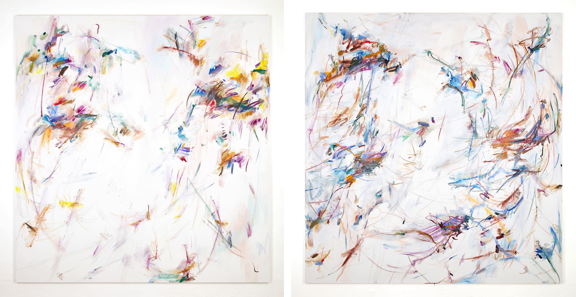 Xiyao Wang, Like a Firefly Chasing the Waves no.3 (left) and The Crystalline Moon Palace no. 6 (right), 2022. Courtesy of the artist and MassimoDeCarlo.