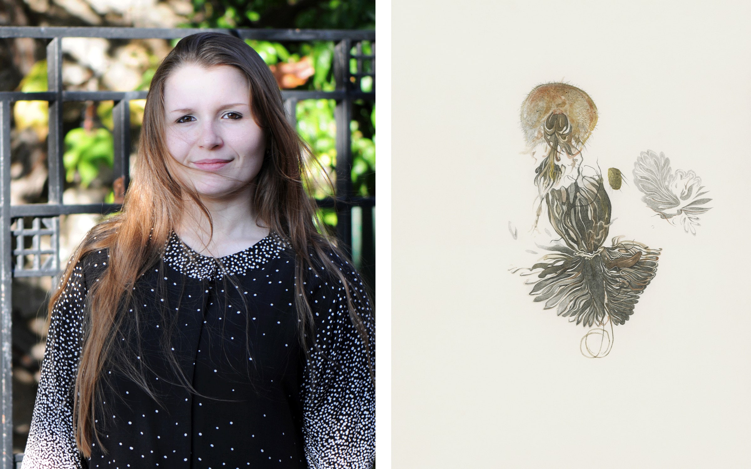 Gauche : Mélanie Delattre-Vogt. © Joséphine Ory. Droite : Mélanie Delattre-Vogt, Pièces buccales d’insectes I, 2023. Avec l’aimable autorisation de l’artiste.
