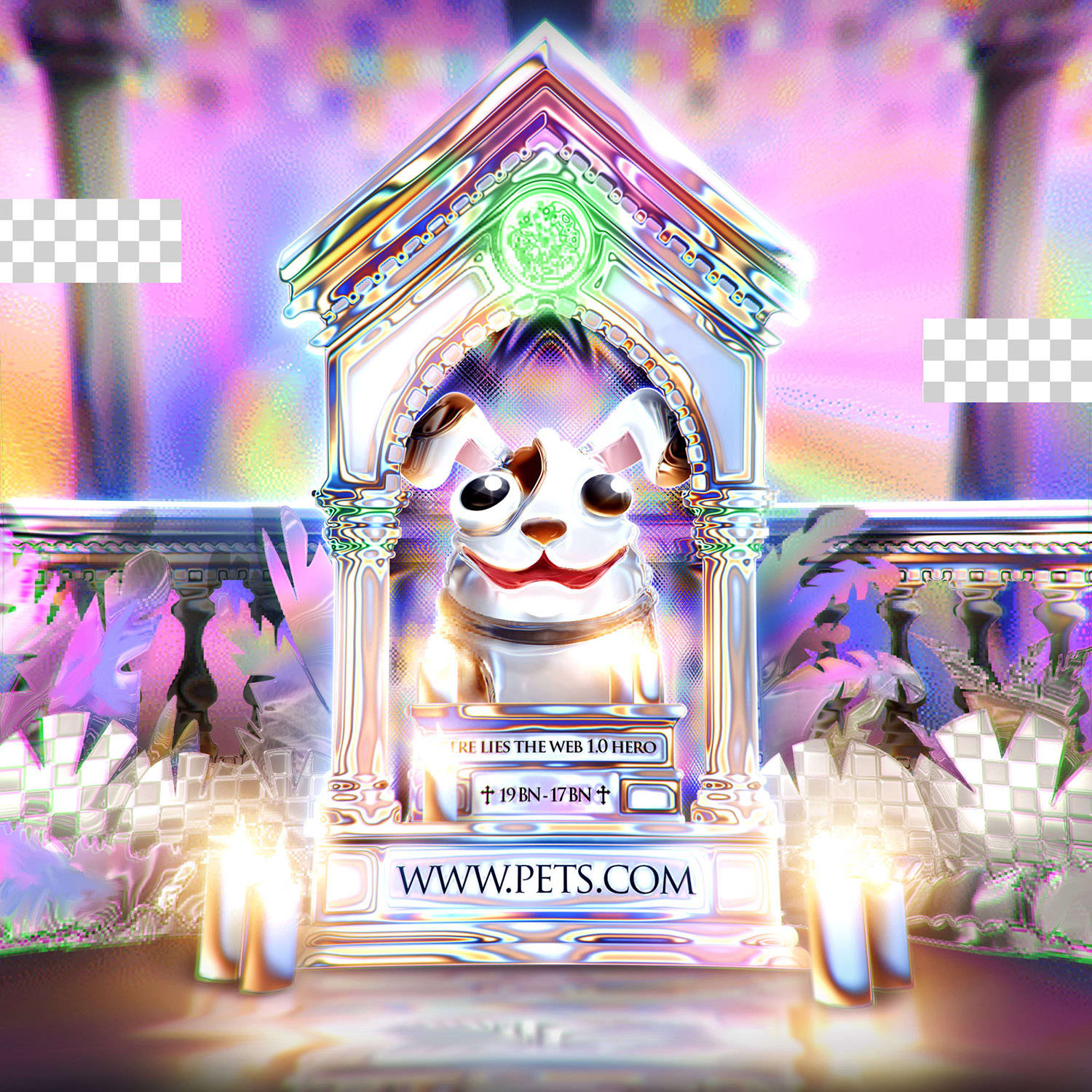 Simon Denny (with Guile Twardowski and Cosmographia), Dotcom Seance: pets.com (1998-2000) reimagined, 2021.