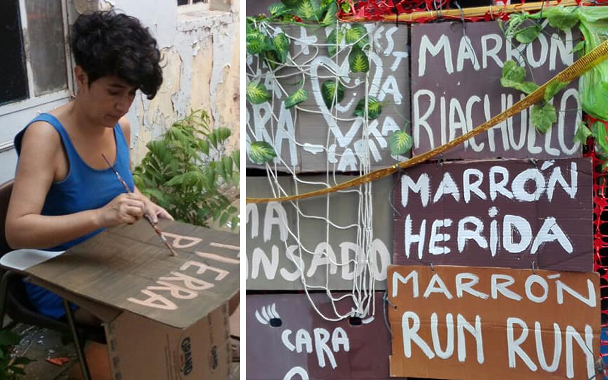 Left: Mariela Scafati painting a sign. Right: Cromoactivismo partnered with the queer activists Columna Orgullo en Lucha during the Pride March in Buenos Aires, 2017. Image courtesy of the artists.