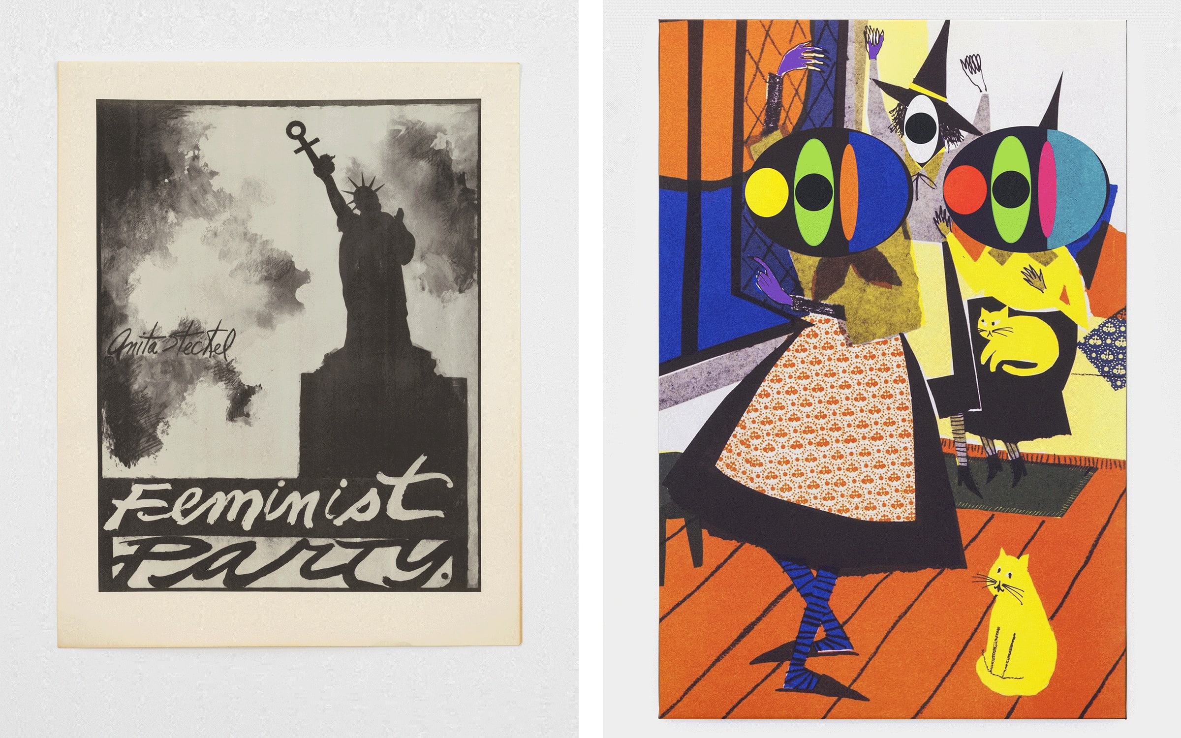 Left: Anita Steckel, Feminist Party poster, 1971. © The Estate of Anita Steckel. Courtesy of the Estate of Anita Steckel; Ortuzar Projects, New York; Hannah Hoffman Gallery, Los Angeles. Photograph by Dario Lasagni. Right: Ad Minoliti, Tres Brujas, 2020. Courtesy of the artist and Crèvecœur, Paris and MEYER*KAINER, Vienna.