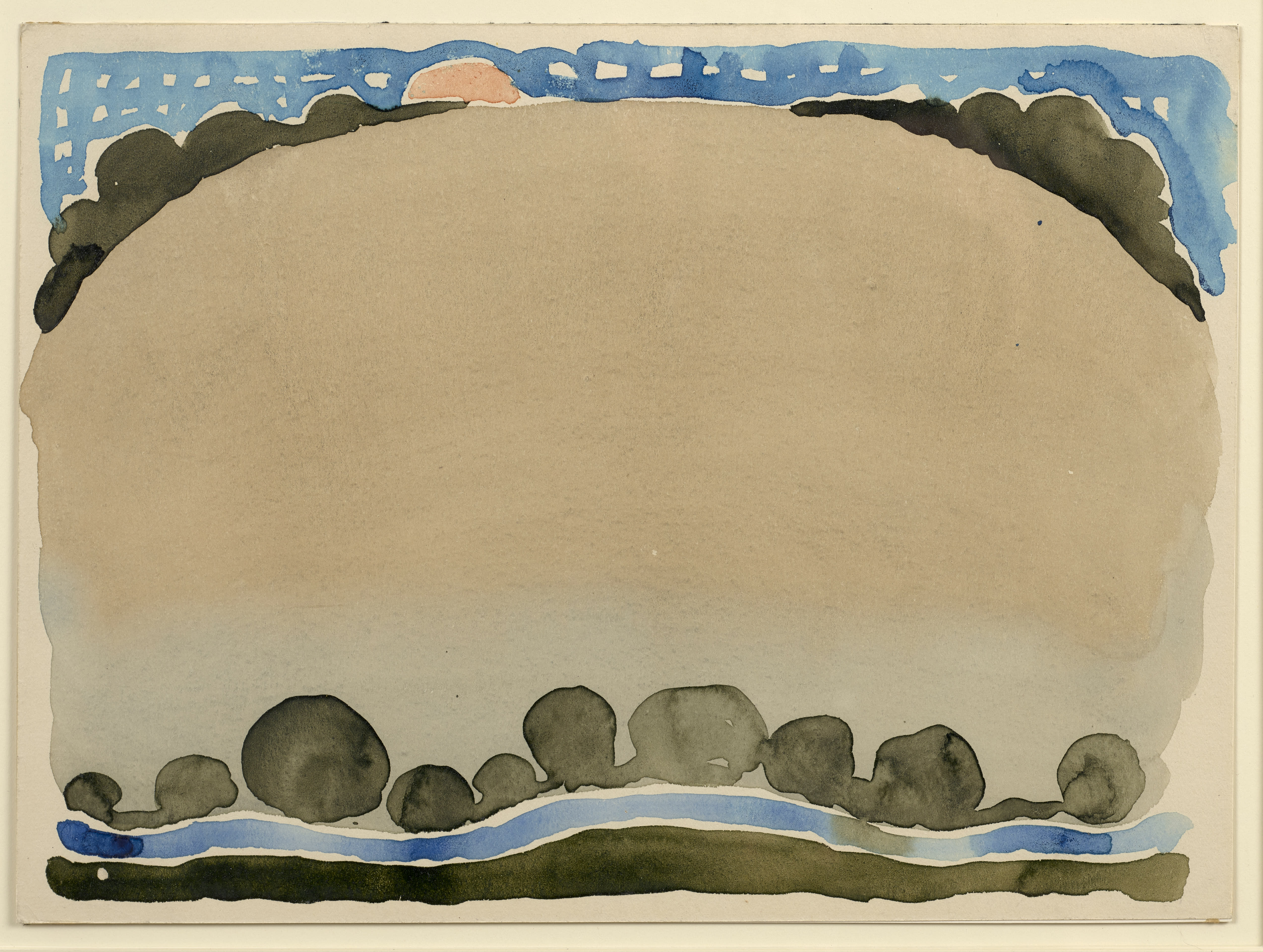Georgia O’Keeffe, ​Hill, Stream and Moon, 1916–17. Courtesy of the artist's estate and Schoelkopf Gallery.
