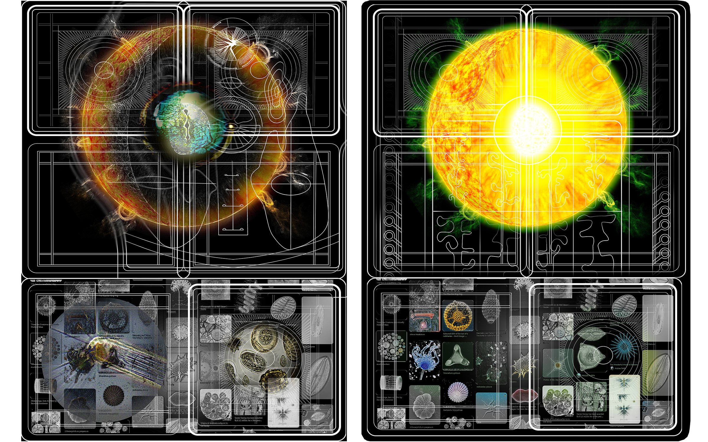 Gauche : Joey Holder, Coccolithophore, 2023. Avec l’aimable autorisation de Seventeen. Droite : Joey Holder, Cyanophyta, 2023. Avec l’aimable autorisation de Seventeen.