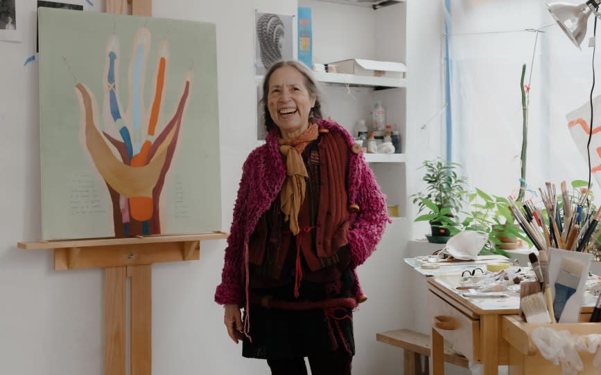 Cecilia Vicuña in her studio in New York, 2021. Photo by William Jess Laird.