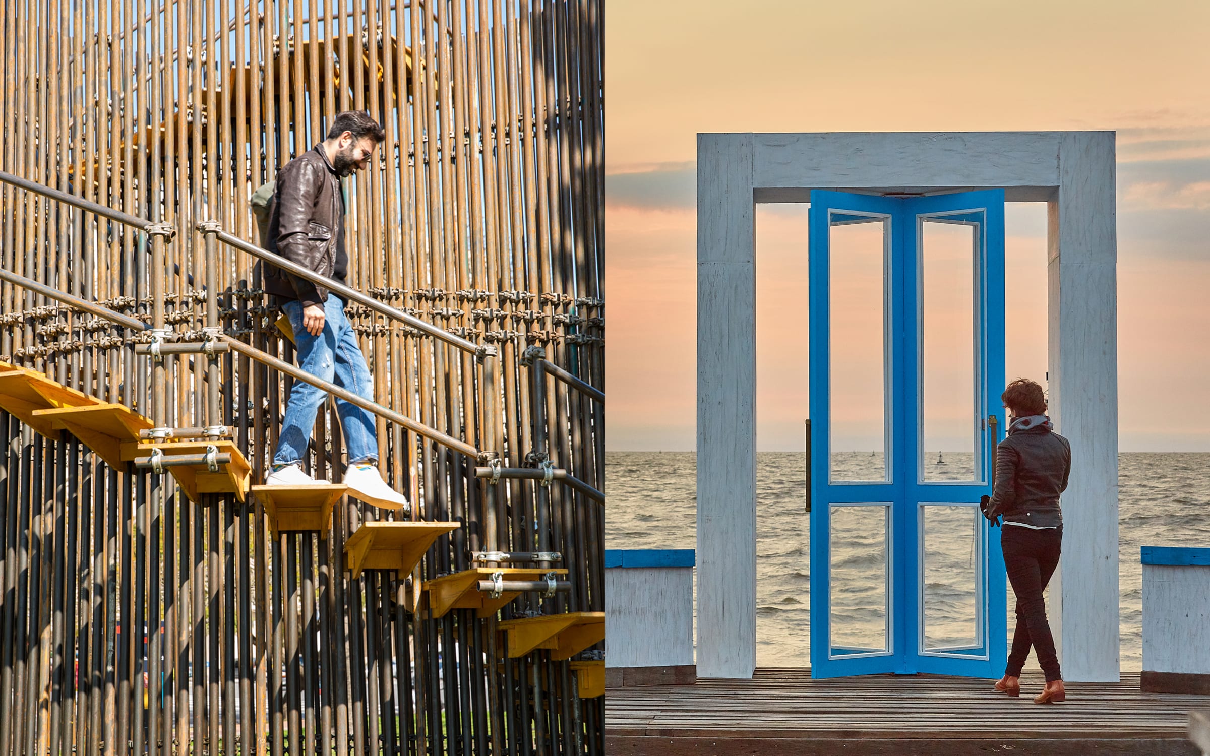 A visitor descends Luciana Lamothe's Starting Zone, 2018, installed in the Plaza República Oriental del Uruguay as part of 'Hopscotch (Rayuela)'; a quiet moment at the edge of an 800-meter fishing pier in front of Eduardo Basualdo's Perspective of Absence, 2018. Photos by Mani Gatto and Belen Caputo. © Art Basel