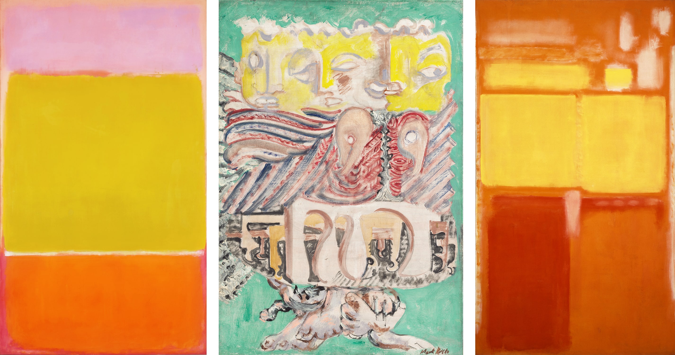 Left: Mark Rothko, No. 7, 1951. © 1998 Kate Rothko Prizel & Christopher Rothko - Adagp, Paris, 2023. Middle: Mark Rothko, The Omen of the Eagle, 1942. © 1998 Kate Rothko Prizel & Christopher Rothko - Adagp, Paris, 2023. Right: Mark Rothko, No. 21, 1949. © 1998 Kate Rothko Prizel & Christopher Rothko - Adagp, Paris, 2023. 