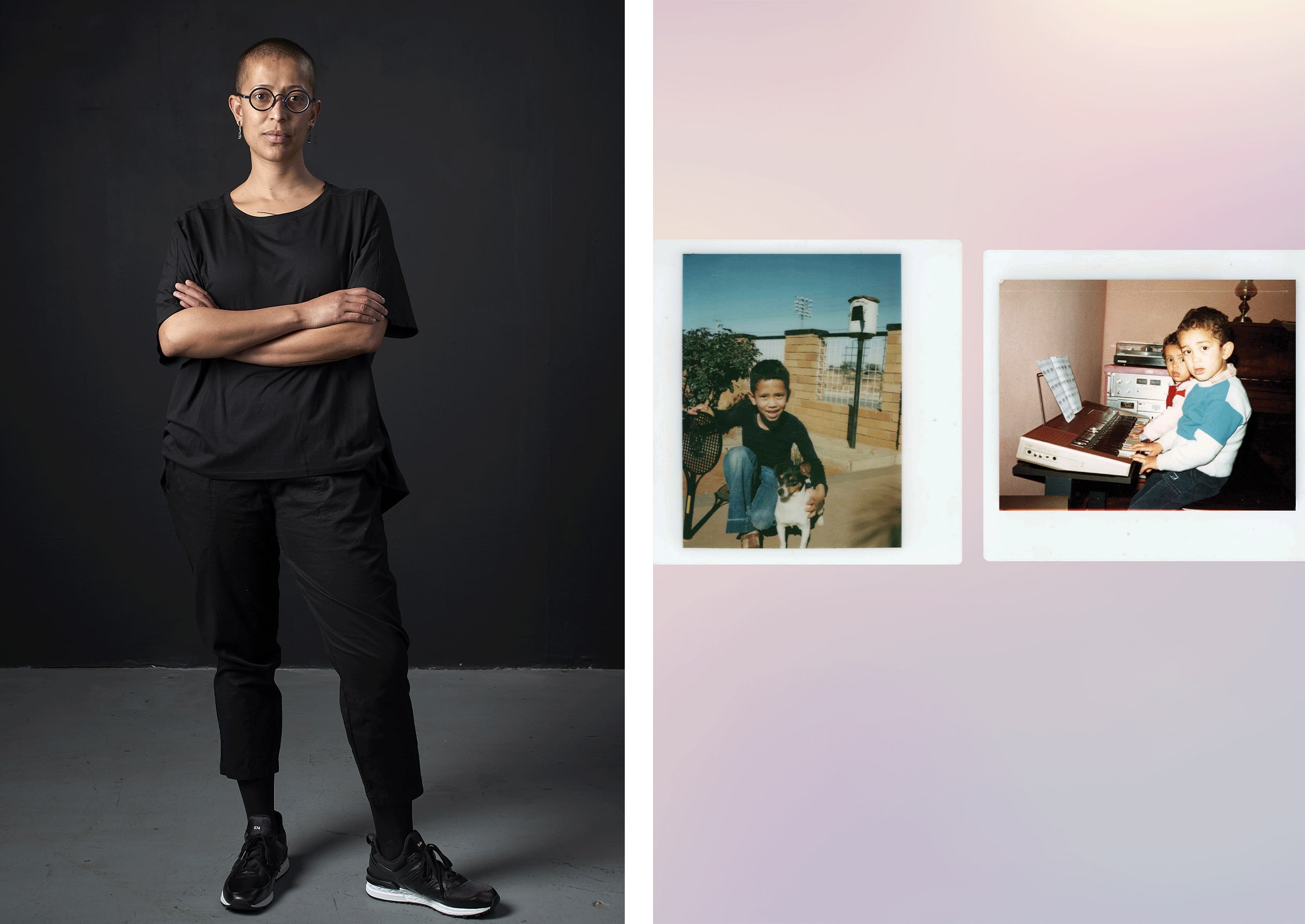 Left: Gabrielle Goliath. Photograph by Anthea Pockroy. Right: Gabrielle Goliath, These three remain (concept image), 2023. Commissioned and supported by Sharjah Art Foundation; Goodman Gallery, Cape Town, Johannesburg and London; and Galleria Raffaella Cortese (Milan). Courtesy of the artist.