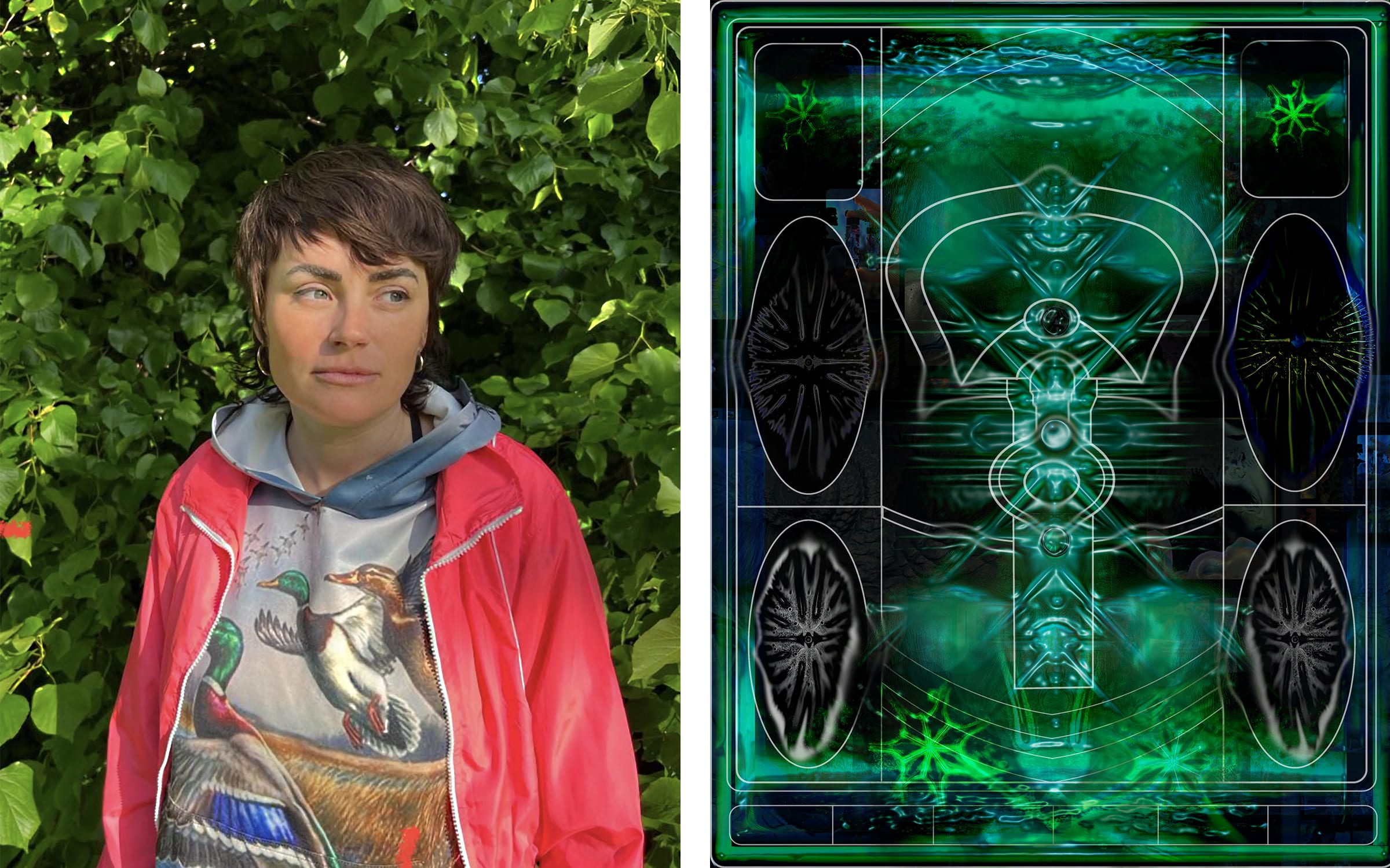Left: Portrait of Joey Holder. Photograph by Jack de Aguilar. Right: Joey Holder, Radiozoa, 2023. Courtesy of Seventeen.