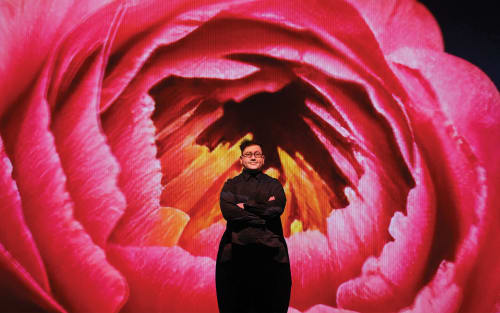 Refik Anadol, arms crossed, in front of a projected giant pink flower with an orange center