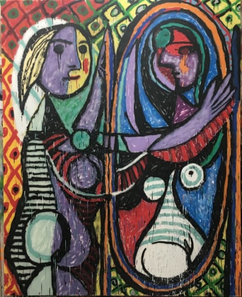 Tokyo girl acryl painting 東京ガールのアクリル画 MADSAKI_Girl_Before_A_Mirror_2