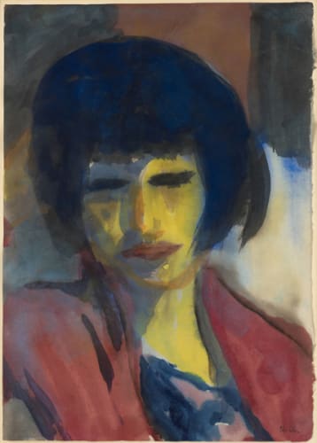 'Portrait of a woman (yellow face, red dress)'