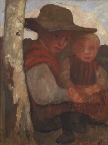 Sitzendes Mädchen mit Strohhut und Kind auf dem Schoß / Seated Girl Wearing Straw Hat with Child on Her Lap