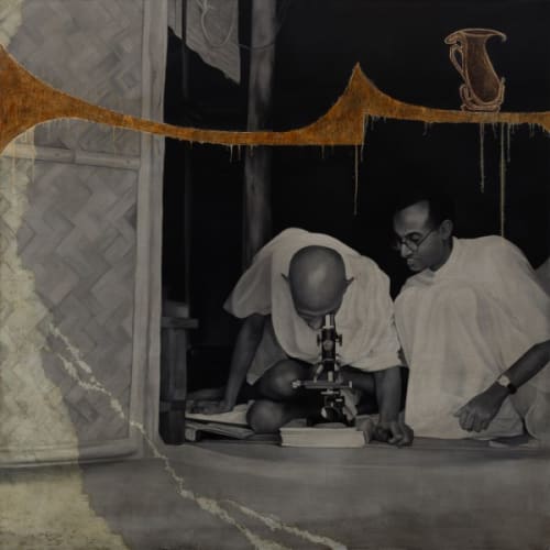 Looking through a microscope at Sevagram Ashram, 1940