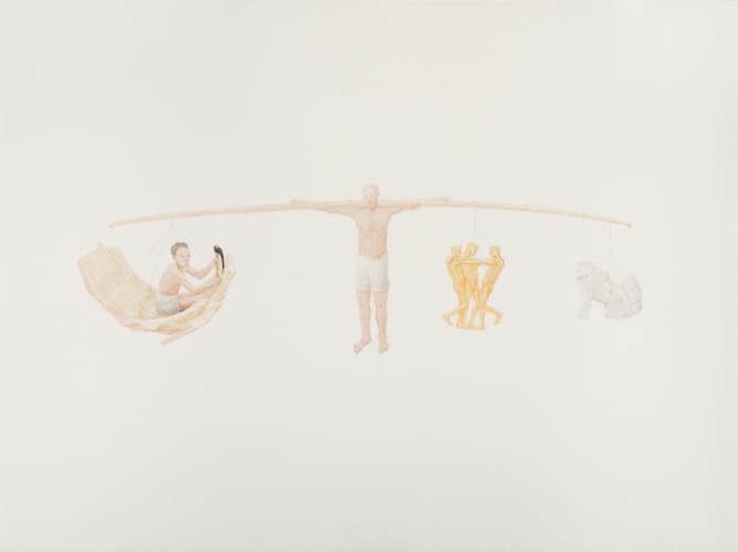 Laborer gathering camphor; three nude men as seen on back of Nobel Peace Prize medal; remaining lion-dog (komainu) in Japanese colonial period