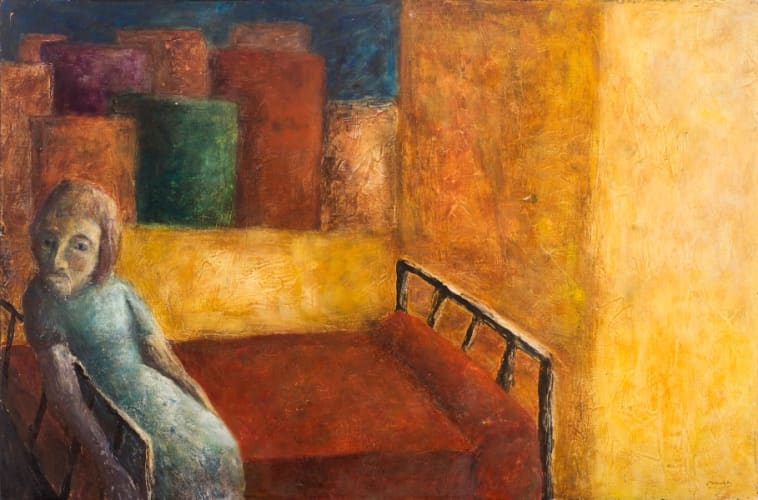 Untitled (Horizontal figurative scene with a woman sitting on the bed)