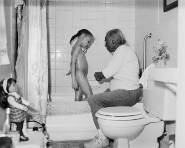 Grandma Ruby and J.C. in Her Bathroom
