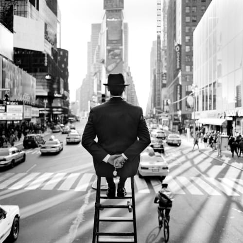 Man on Ladder in Times Square, New York, NY