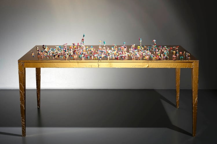 Untitled (gold table with pills)