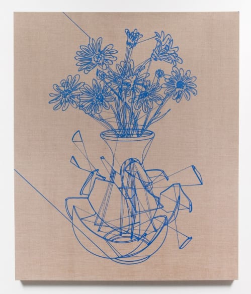 Bouquet of Flowers with Broken Vase (One-Contiuous-Blue-Line)