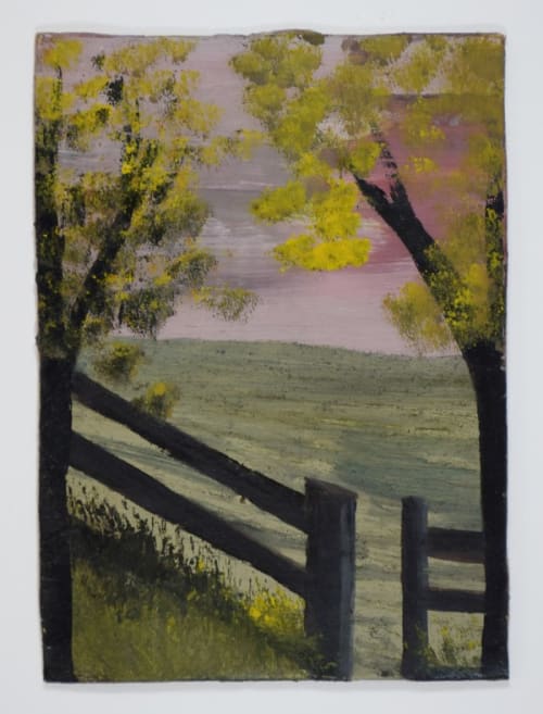 Landscape with Fences and Two Trees with Yellow Blossom