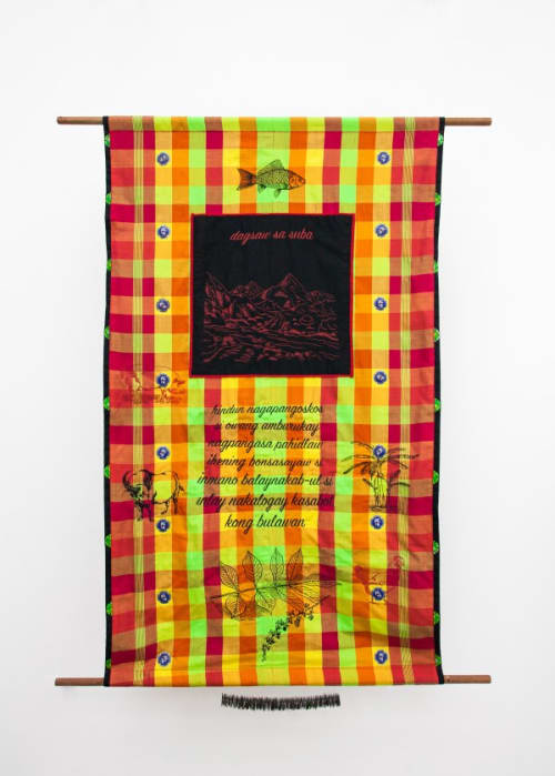 un-used patadyong wraparound skirt, fabric lining, embroidery, flattened soft drink crowns and wooden poles