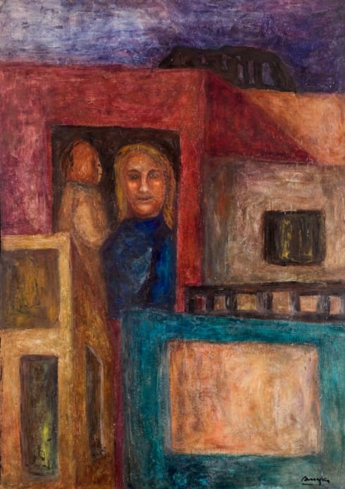 Untitled (Figurative cityscape with a woman and a man in the door of a balcony)