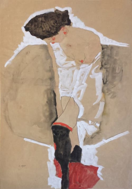 Stehendes Mädchen im Hemd, mit schwarzen Strümpfen und rotem Tuch/Standing Female in Shirt with Black Stockings and Red Scarf