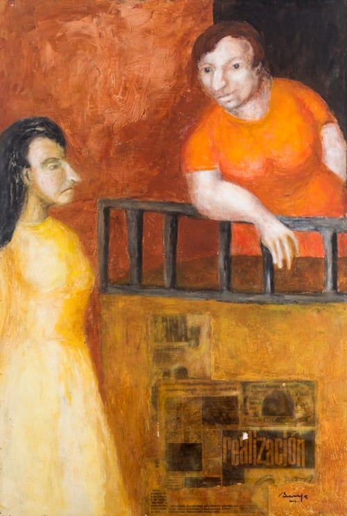 Untitled (Figurative scene with two women speaking over a balcony)