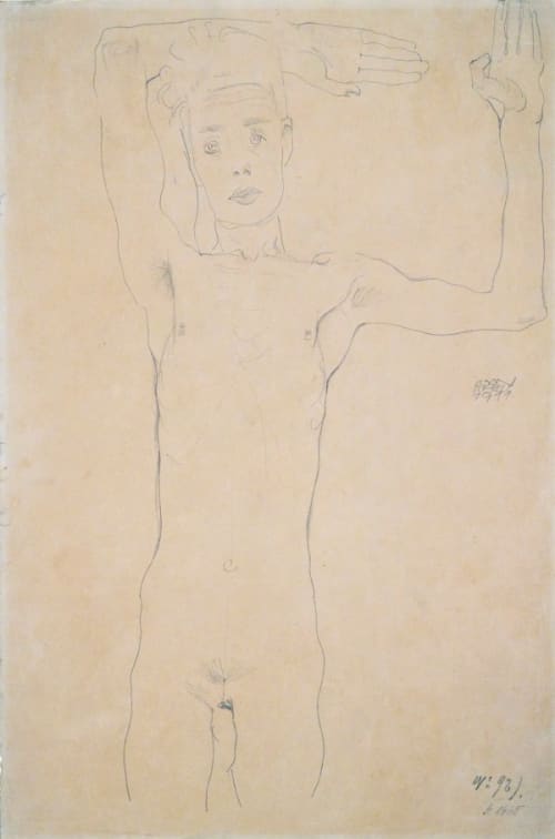 Stehender männlicher Akt mit erhobenen Armen (Selbstbildnis) (Standing Male Nude with Raised Arms (Self-Portrait))