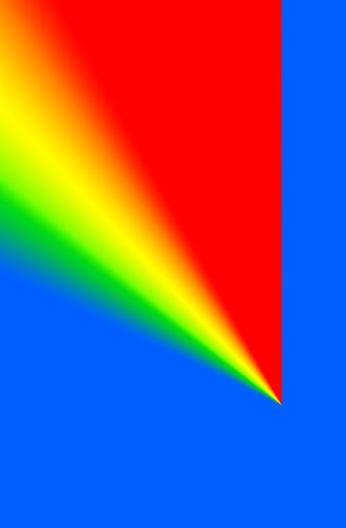 Photoshop CS: 110 by 72 inches, 300 DPI, RGB, square pixels, default gradient “Russell’s Rainbow” (turn transparency off), mousedown y=25300 x=17600, mouseup y=4300 x=17600