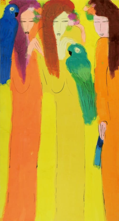 Three Ladies with Blue Parrots