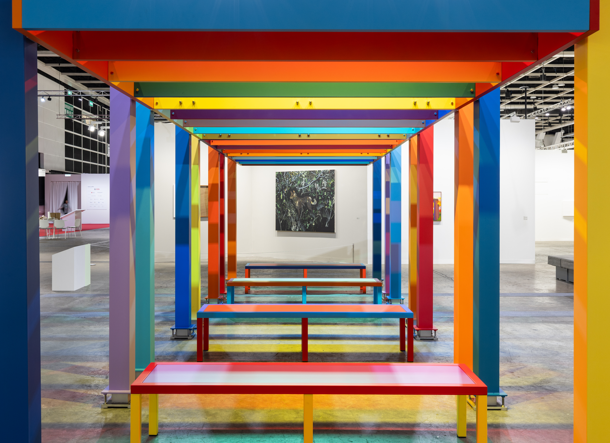 Installation view of Liam Gillick's Perpetual Discussion Platforms (2025) at Art Basel Hong Kong 2025.